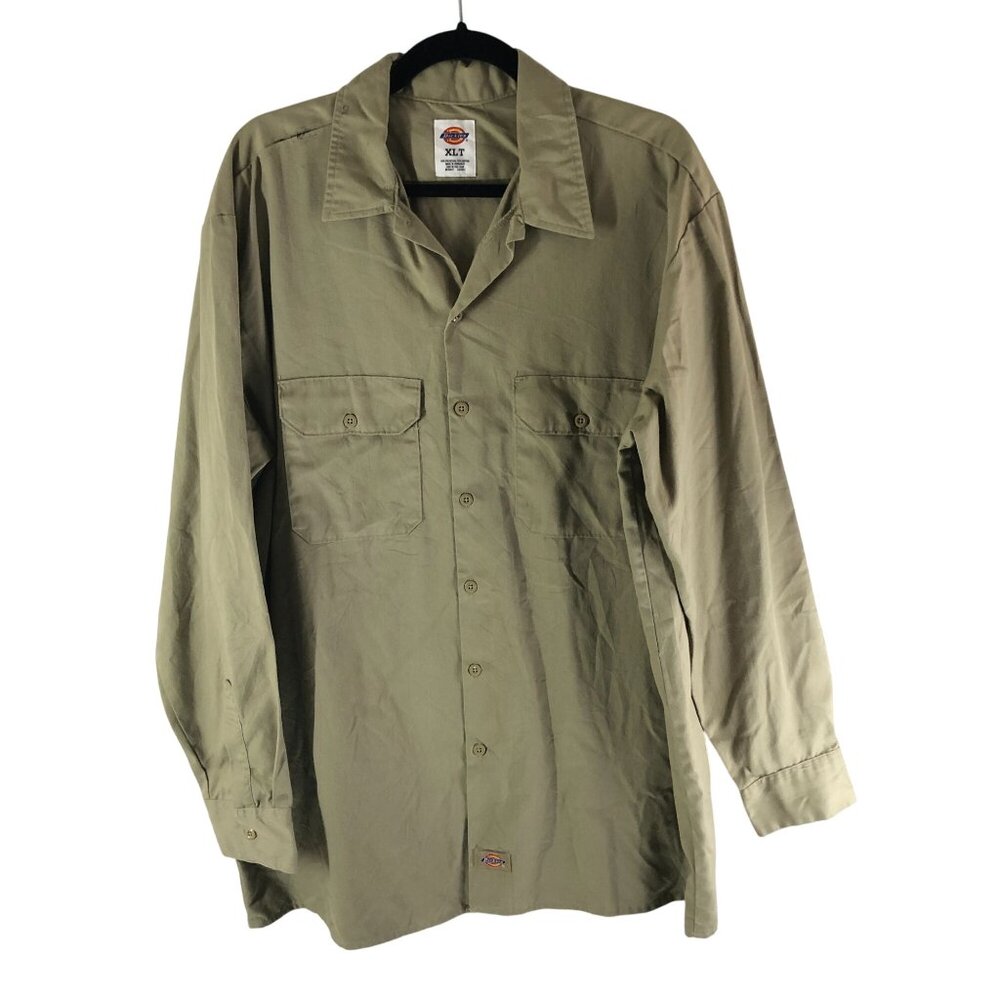 Dickies Mens XLT Long Sleeve Button-Up Khaki Work Shirt Cotton Blend